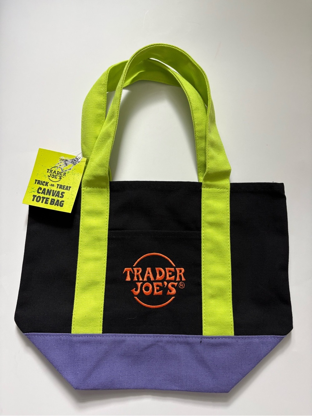 Trader Joe's Black Canvas Tote with Lime Handles and Purple Base